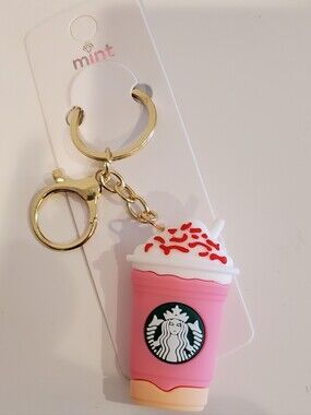 Mint Pink & White Coffee Cup Keychain with Gold Hardware